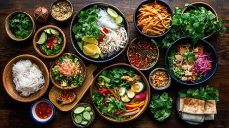 A vibrant display of fresh ingredients and colorful dishes arranged on a wooden table. This image showcases a variety of healthy foods, perfect for culinary presentations.の素材