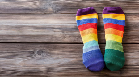 Vibrant rainbow socks displayed on a rustic wooden surface, perfect for adding a pop of color to any outfit. Ideal for playful and trendy fashion statements.の素材
