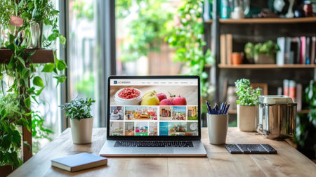 A stylish workspace featuring a laptop surrounded by vibrant houseplants. The warm wooden table and natural light create an inviting atmosphere for creativity and productivity.の素材