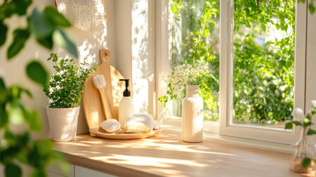 A serene kitchen scene featuring soft sunlight, greenery, and simple decor. Emphasizes calming vibes with natural elements and a peaceful atmosphere.の素材