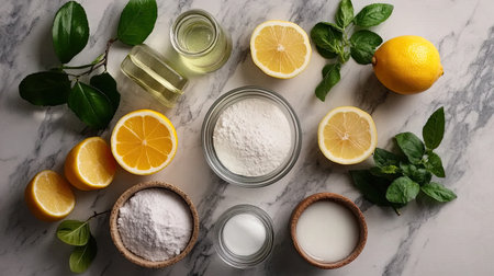 Discover the beauty of natural skin care with fresh lemons, herbs, and essential ingredients. This vibrant arrangement showcases the essence of DIY wellness.の素材