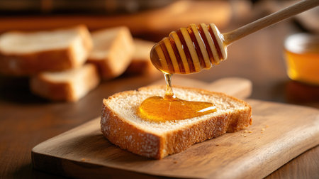 A close-up view of honey being drizzled onto a slice of bread using a wooden dipper. The warm kitchen setting evokes a cozy atmosphere perfect for breakfast or snack time.の素材