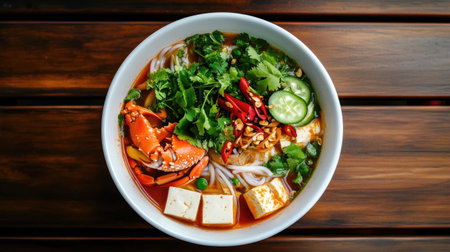 A vibrant bowl of noodle soup filled with shrimp, tofu, and fresh herbs, showcasing colorful ingredients perfect for a satisfying and delicious meal.の素材