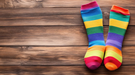 Vibrant and colorful striped socks set on a rustic wooden surface, perfect for cozy lifestyle themes and fashion statements, bringing warmth and playfulness.の素材