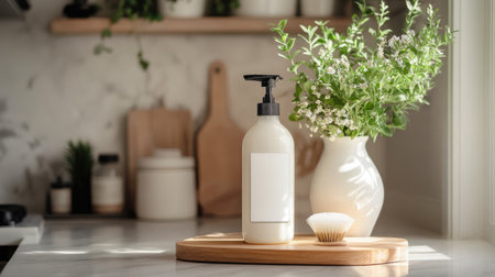 A serene kitchen scene featuring a lotion bottle, fresh herbs in a vase, and natural light filtering through. Perfect for wellness and beauty themes.の素材