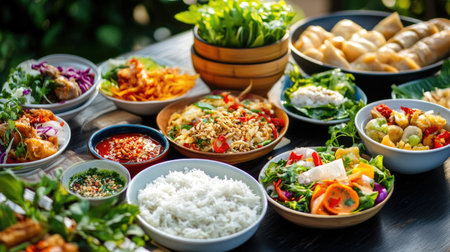 A beautiful arrangement of assorted dishes showcasing vibrant colors and fresh ingredients on a wooden table, perfect for any dining occasion or catering event.の素材