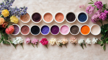 This image features vibrant color powders arranged artistically alongside fresh flowers against a soft fabric backdrop, showcasing a beautiful blend of nature and creativity.の素材