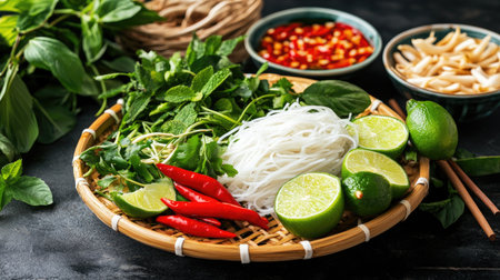 A vibrant display of fresh herbs, limes, and noodles arranged in a basket, perfect for preparing healthy Asian dishes full of flavor and texture.の素材