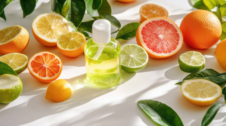 A vibrant arrangement of fresh citrus fruits including lemons, limes, oranges, and grapefruits surrounding a bottle of essential oil, offering a refreshing and healthy mood.の素材