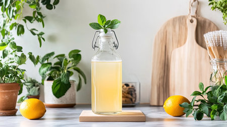 A glass bottle filled with a refreshing herbal beverage, accented by fresh mint and lemons, surrounded by lush greenery. Perfect for summer hydration.の素材