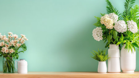 Fresh floral arrangement featuring delicate blooms and lush greenery set against a soothing green background, perfect for home decor and inspiration.の素材