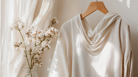 A serene image featuring a cozy draped top on a hanger alongside delicate flowers, capturing soft light and creating a warm, elegant atmosphere in a stylish indoor space.の素材