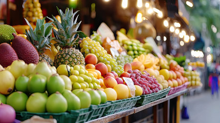 A vibrant array of fresh fruits displayed at an outdoor market stall, showcasing various colors and types, perfect for healthy eating and nutrition.の素材