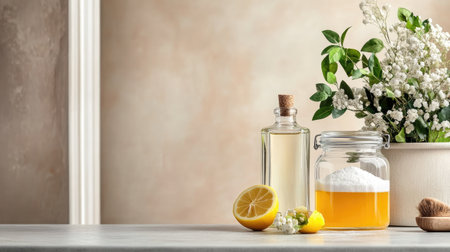 A serene display of fresh ingredients including lemon, herbs, and essential oils in glass containers, perfect for natural home remedies and soothing beauty treatments.の素材