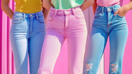 Three stylish women showcase trendy outfits with colorful tops and denim jeans against a vibrant pastel background, capturing a cheerful summer vibe.の素材