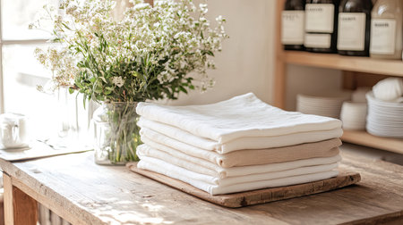 A warm and inviting scene featuring neatly stacked linen towels next to a bouquet of fresh flowers on a wooden table, perfect for home decor inspiration.の素材