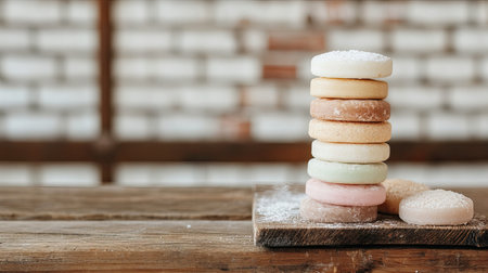 A delightful arrangement of colorful cookies stacked on a wooden board. Soft lighting enhances their pastel hues, creating an inviting dessert presentation. Perfect for bakery or food-themed content.の素材