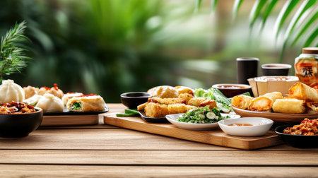 A beautifully arranged spread of Asian appetizers featuring various dishes, herbs, and sauces. Perfect for sharing or enjoying at a gathering.の素材
