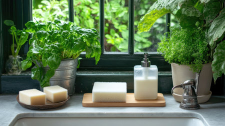 A serene kitchen scene featuring fresh greenery, natural soap, and sponges by a window. The perfect blend of nature and cleanliness for a relaxing home environment.の素材