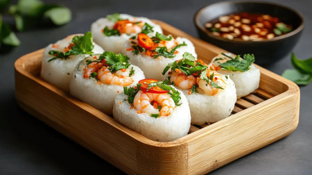 Indulge in these beautifully crafted shrimp sushi rolls, topped with fresh herbs and a hint of chili, served on a stylish wooden tray. Perfect for any occasion!の素材
