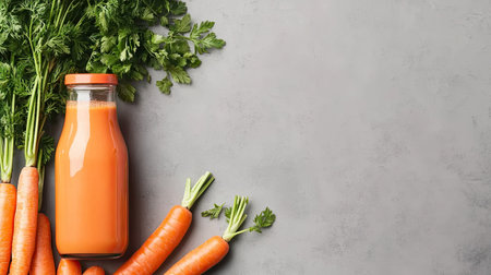 Fresh carrot juice in a glass bottle surrounded by whole carrots and green herbs on a textured gray background, ideal for health and nutrition themes.の素材