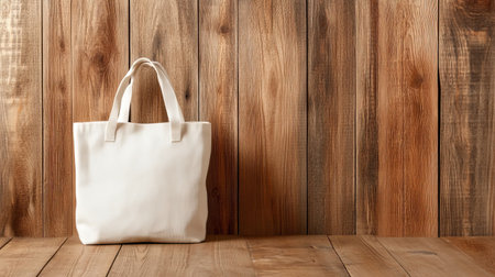 A simple white tote bag rests on a wooden table with a rustic wall behind it. The minimalist design highlights its versatility for different uses and styles.の素材