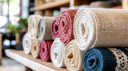 A collection of soft, textured rolled textiles in various colors displayed in a cozy boutique setting, perfect for enhancing home decor and warmth.の素材