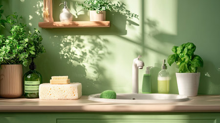 An inviting bathroom scene showcasing green decor elements with plants, a sponge, and natural light, promoting tranquility and a fresh atmosphere.の素材