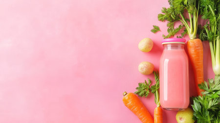 This image features a glass bottle of vibrant vegetable juice surrounded by fresh carrots and greens, perfect for promoting healthy living and nutrition.の素材