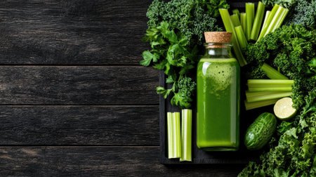 A vibrant glass bottle of fresh green juice sits amid a variety of vegetables and herbs, showcasing healthy lifestyle choices and organic ingredients for wellness.の素材