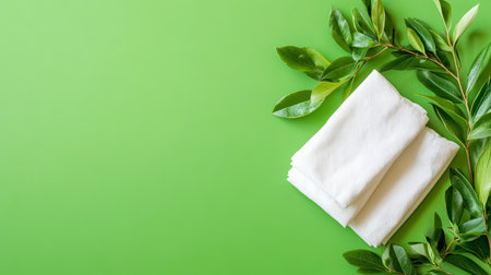 A pleasing arrangement of white towels and green leaves on a soft color background, perfect for conveying relaxation and wellness in a spa-like setting.の素材
