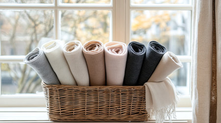 A charming arrangement of rolled textiles in neutral colors placed in a wicker basket by a sunny window, creating a cozy atmosphere and inviting warmth to any space.の素材