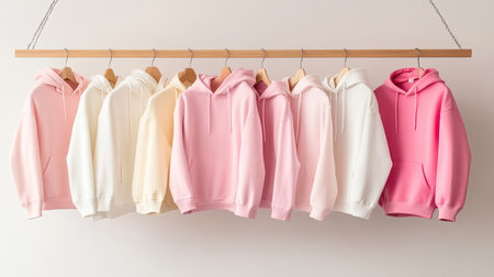 A charming display of soft hoodies in pastel colors hanging on a rack, perfect for fashion enthusiasts looking for stylish and cozy wardrobe options.の素材