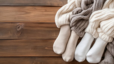 A stunning flat lay of cozy knitted socks and soft scarves arranged on a rustic wooden background, perfect for evoking winter warmth and style.の素材