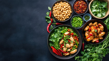 A vibrant assortment of fresh ingredients for an Asian chicken stir fry. Featuring colorful vegetables and aromatic spices, this image inspires creativity in cooking.の素材