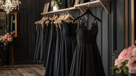 Discover a stunning collection of elegant black evening dresses arranged in a chic boutique. The stylish interior and carefully curated display create a luxurious shopping experience.の素材