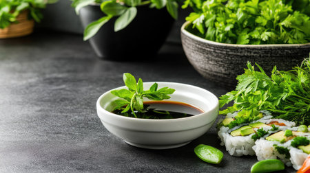 A beautifully arranged sushi roll with herbs on a dark surface, complemented by a small bowl of soy sauce. Perfect for gourmet dining and culinary presentations.の素材
