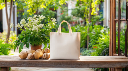 A white tote bag sits elegantly on a wooden table, accompanied by fresh produce and a vibrant potted plant. This serene outdoor scene captures the essence of nature and simplicity.の素材