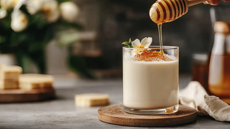 A delectable creamy beverage garnished with a flower and honey drizzle, perfect for cozy moments or gatherings. Ideal for showcasing sweetness and relaxation.の素材