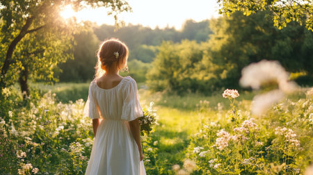 A woman in a white dress stands peacefully in a sunlit field, surrounded by blooming flowers. Embracing nature, she enjoys the serene atmosphere and warmth.の素材