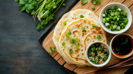 A visually appealing arrangement of freshly made pancakes topped with green onions, alongside dipping sauces and herbs on a rustic wooden board.の素材