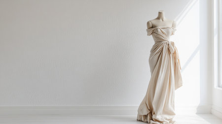 A stunningly draped gown showcased on a mannequin within a sunlit room, highlighting the graceful flow of elegant fabric in a minimalist setting.の素材