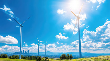 Bright wind turbines stand tall against a blue sky and city skyline, symbolizing renewable energy and sustainability. The landscape evokes a sense of harmony between nature and technology.の素材