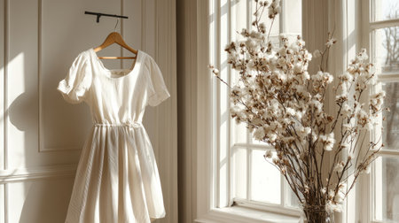 A charming white dress hangs elegantly near a bright window, complemented by a soft cotton flower arrangement, creating a serene and stylish interior atmosphere.の素材
