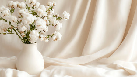 A serene and elegant floral arrangement features soft white cotton blooms in a simple vase against a muted fabric backdrop, creating a tranquil atmosphere.の素材