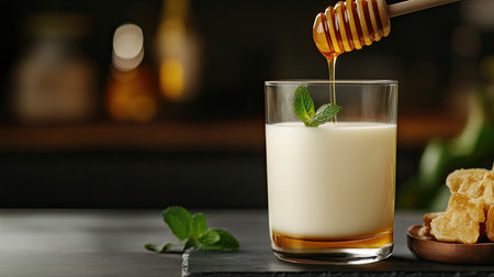 A close-up view of a smooth, creamy drink garnished with honey and fresh mint. The rich colors and textures create an inviting atmosphere for relaxation and enjoyment.の素材