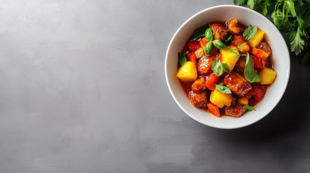 A vibrant bowl of colorful fruit salad featuring sweet and savory ingredients, perfect for a healthy meal or refreshing snack. Ideal for summer recipes.の素材
