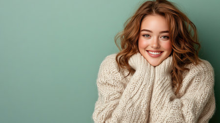 A young woman with soft curls enjoys a moment of happiness in a cozy sweater. The mint green background enhances her cheerful demeanor, radiating warmth and beauty.の素材