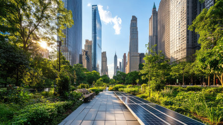 Discover a beautiful urban park scene featuring solar panels, lush greenery, and modern skyscrapers under a bright blue sky, perfect for a sustainable lifestyle.の素材