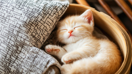 This charming image features an adorable orange kitten sleeping peacefully in a cozy basket. The scene captures pure tranquility and warmth, perfect for animal lovers.の素材